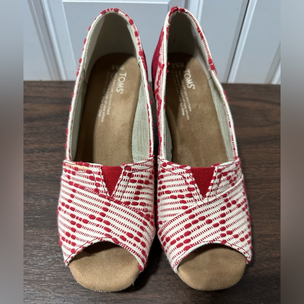 Tom’s Multi Cross Stitched Open Toe Wedges